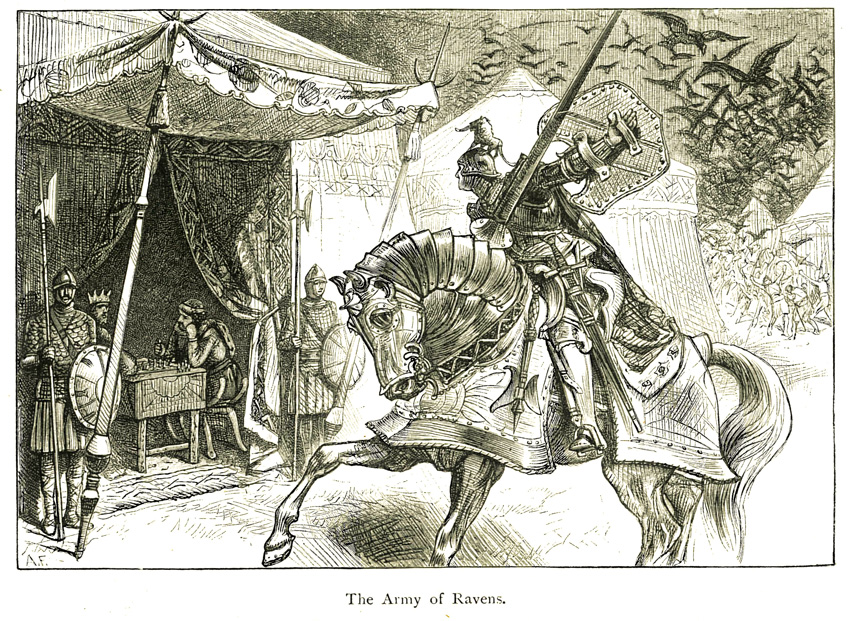 In The Dream of Rhonabwy a knight arrives wearing golden helmet topped with a figure of flame-colored lion, eyes venomous. Powerful ravens are lifting men into air and, tearing bodies betwixt.