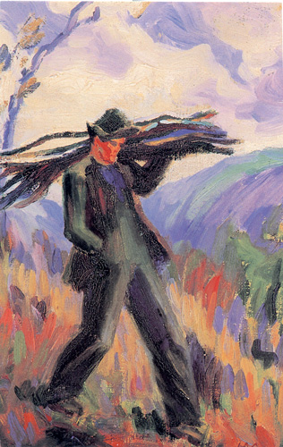 Painting of a mountain man carrying something on his shoulder