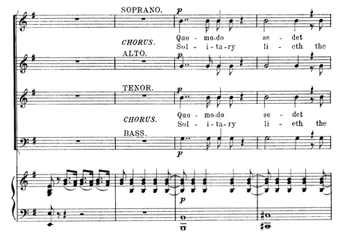 Fragment of Galia music with soprano, chorus, tenor, and bass parts